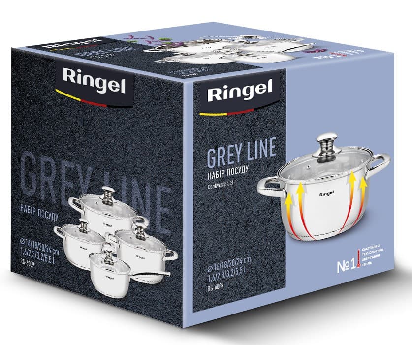 Набір посуду RINGEL Grey line Набір каструль 8 пр. ківш+кастр 1.6-5.5л нерж (RG-6009)