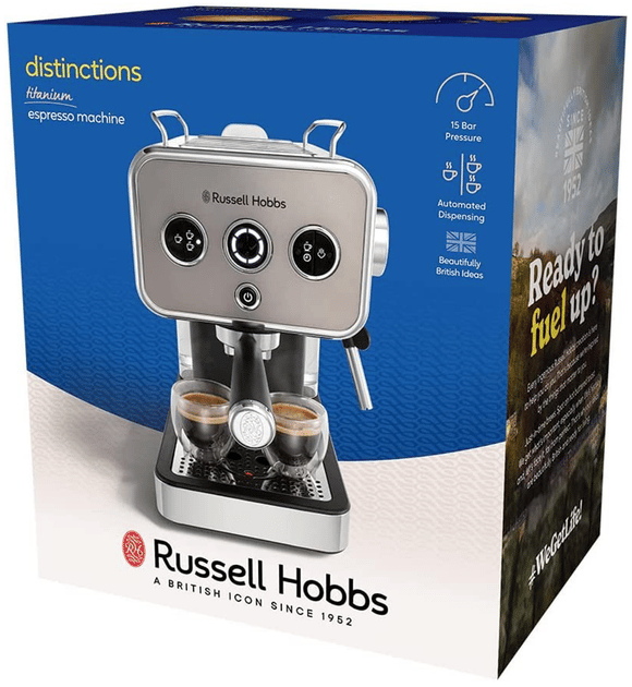 Кавоварка еспрессо RUSSELL HOBBS 26452-56 Distinctions Titanium, 1,1л, мелена + чалди, сріблястий